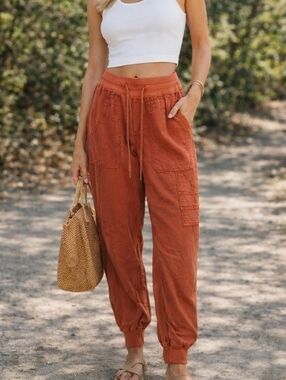 Anthro The Nomad Rust Linen Lyocell Cargo Joggers Drawstring Waist Utility Pants